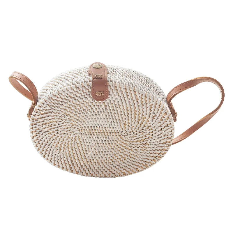 Halloween-Themed White Oval Bamboo Shoulder Bag with Faux Leather Strap - White Island Oval