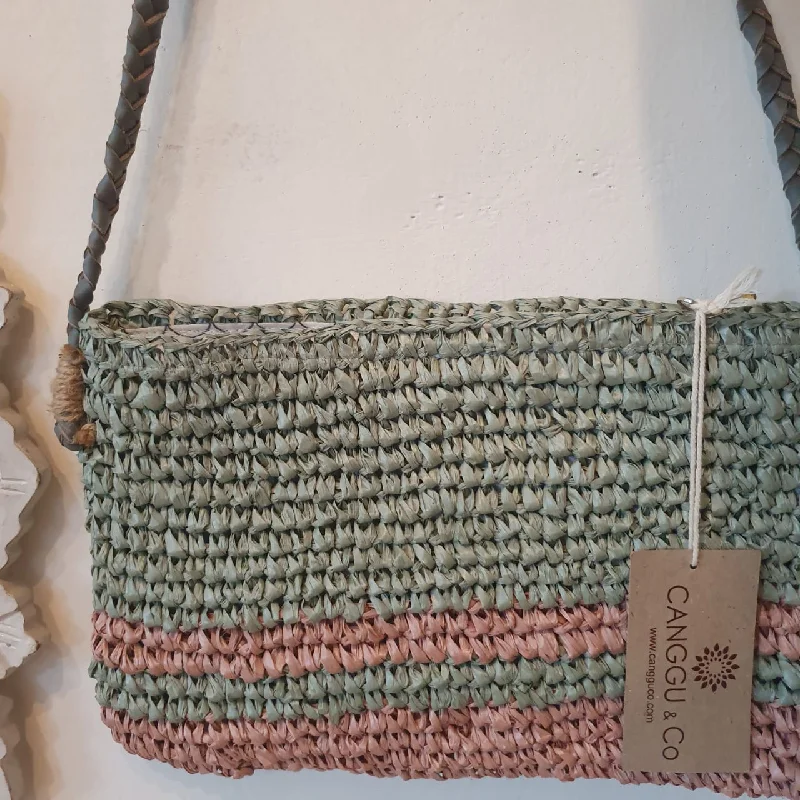 Stylish Bags With Discounts Green & Pink Woven Raffia Shoulder Bag