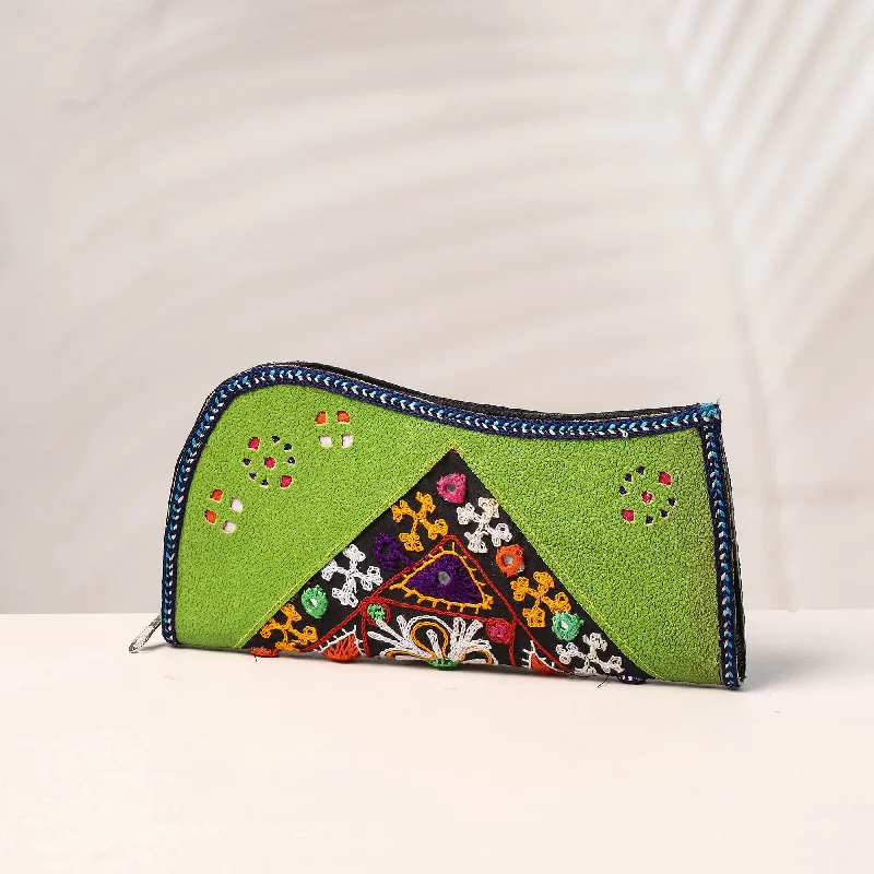 Luxury Bags For Professionals With Discounts Green - Handcrafted Kutch Embroidery Leather Clutch / Wallet