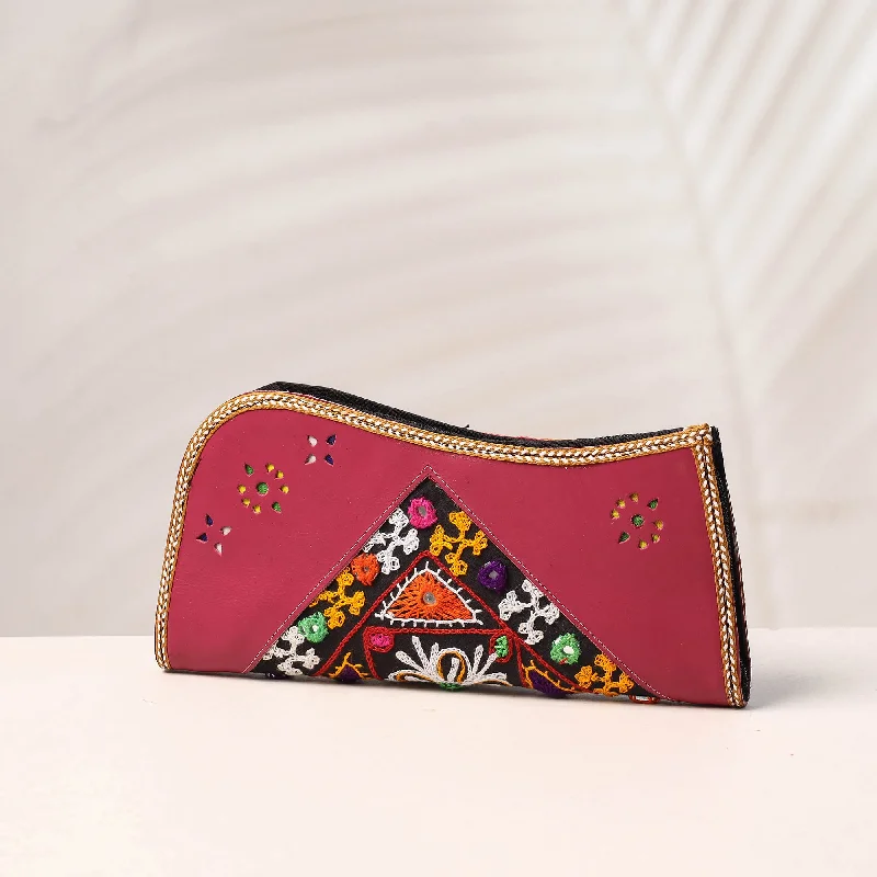 Designer Bags For Luxury Collectors Pink - Handcrafted Kutch Embroidery Leather Clutch / Wallet