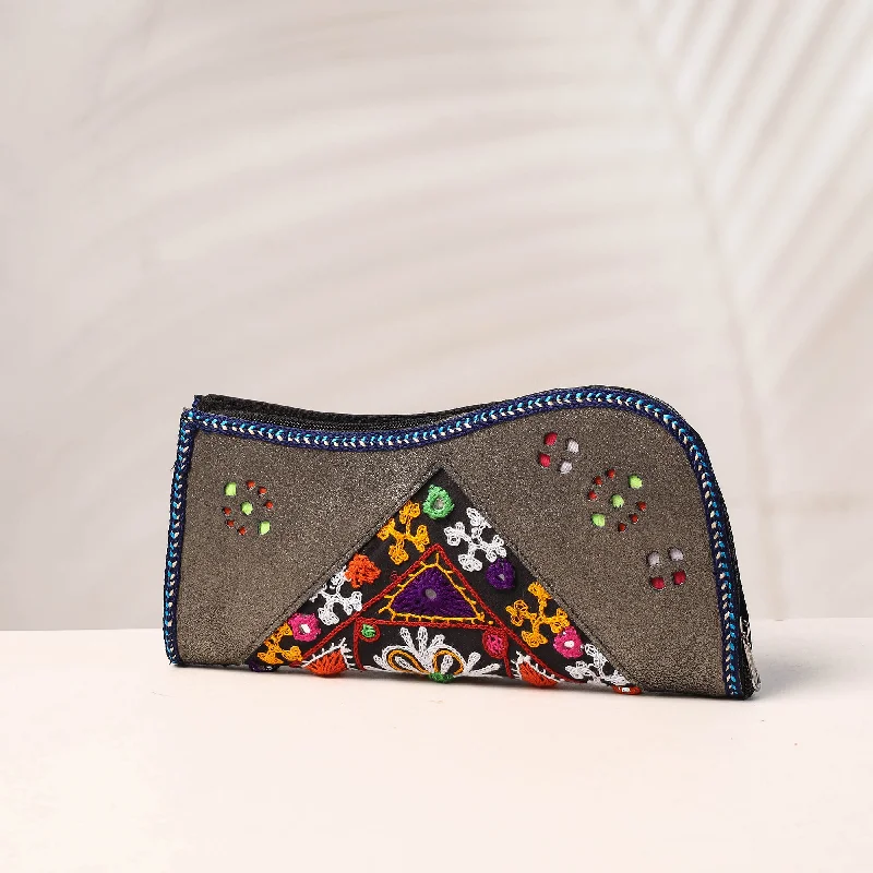 Luxury Bags Grey - Handcrafted Kutch Embroidery Leather Clutch / Wallet