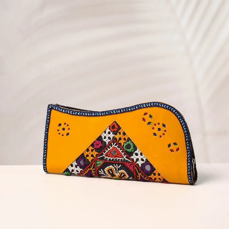 Inspired Bags For Luxury Fashion Lovers Yellow - Handcrafted Kutch Embroidery Leather Clutch / Wallet