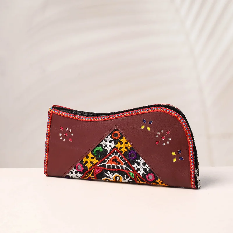 Lightweight And Functional Bags For Travel And Work Brown - Handcrafted Kutch Embroidery Leather Clutch / Wallet