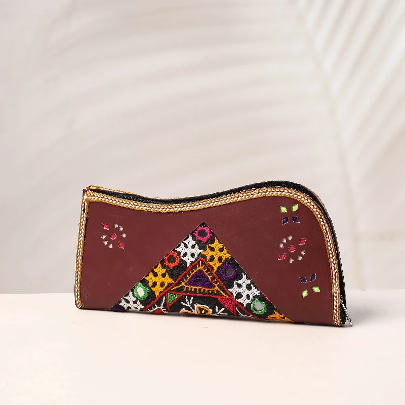 Vibrant Bags With Discounts Brown - Handcrafted Kutch Embroidery Leather Clutch / Wallet