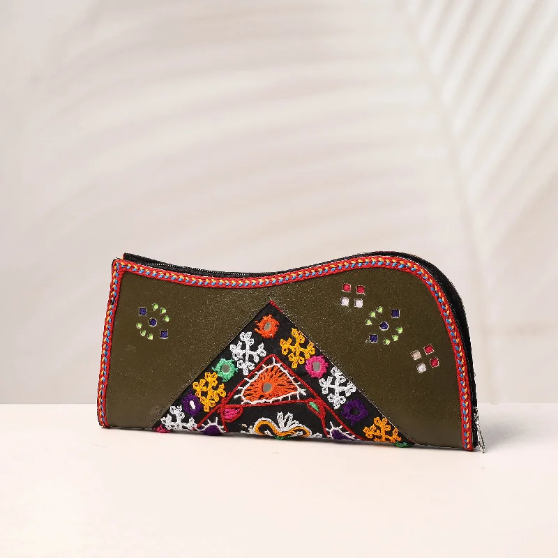 Luxurious Bags With Limited-Time Offers Green - Handcrafted Kutch Embroidery Leather Clutch / Wallet