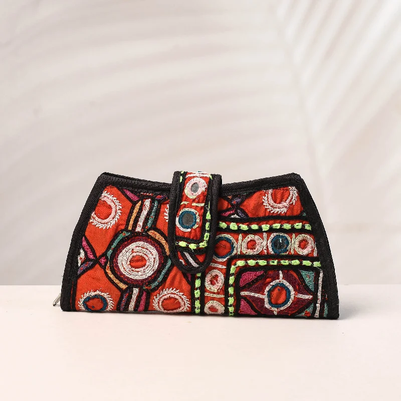 Seasonal Clearance Bags For Summer Orange - Handcrafted Kutch Embroidery Cotton Clutch / Wallet