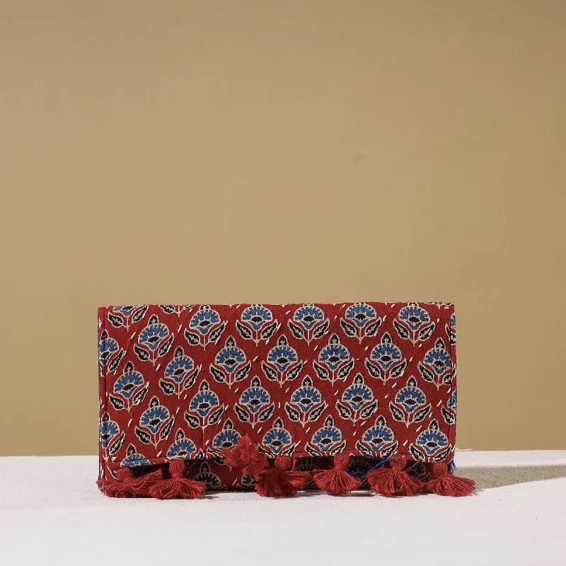 Glamorous Bags For Evening Events And Parties Red - Marudhara Ajrakh Printed Clutch Wallet With Tassels