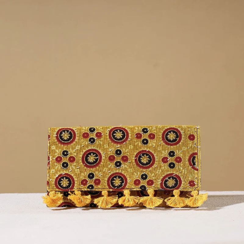 Festive Holiday Gift Bags Yellow - Marudhara Ajrakh Printed Clutch Wallet With Tassels