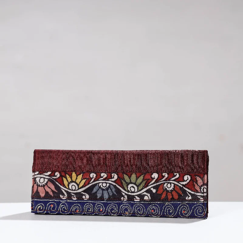 Minimalist Leather Bag For Modern Aesthetics Brown - Handpainted Kalamkari Ghicha Silk Clutch