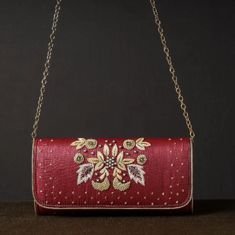 Trendy Bags For Women And Men In 2025 Maroon - Chikankari Hand Embroidery Tussar Silk Clutch / Sling Bag