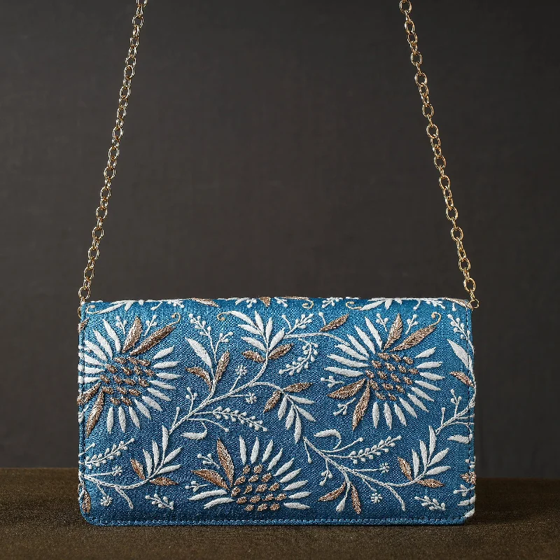 Eco-Friendly Bags With Promotions Blue - Chikankari Hand Embroidery Tussar Silk Clutch / Sling Bag