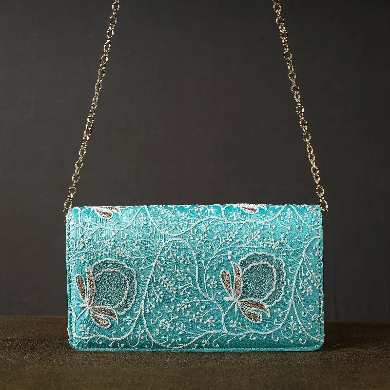 Trendy And Discounted Designer Handbags Green - Chikankari Hand Embroidery Tussar Silk Clutch / Sling Bag