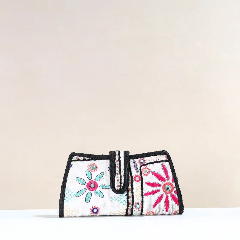 Trendy And Discounted Designer Handbags White - Handcrafted Kutch Embroidery Cotton Clutch / Wallet