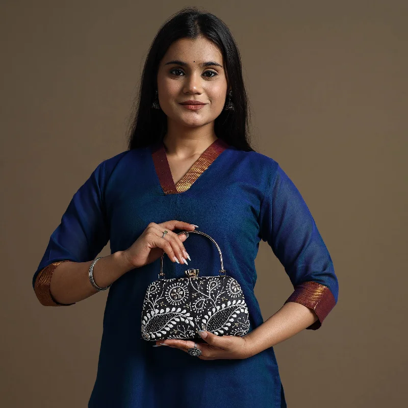 Festive Holiday Gift Bags Black - Chikankari Hand Embroidery Tussar Silk Clutch / Sling Bag 01