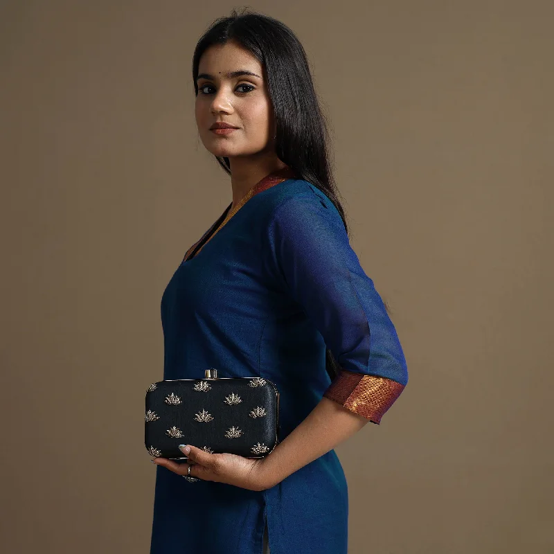 Stylish And Affordable Bags For Every Occasion Black - Chikankari Hand Embroidery Tussar Silk Clutch / Sling Bag 10