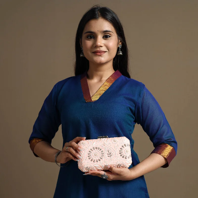 Tote Bag For Everyday Use Pink - Chikankari Hand Embroidery Tussar Silk Clutch / Sling Bag 02