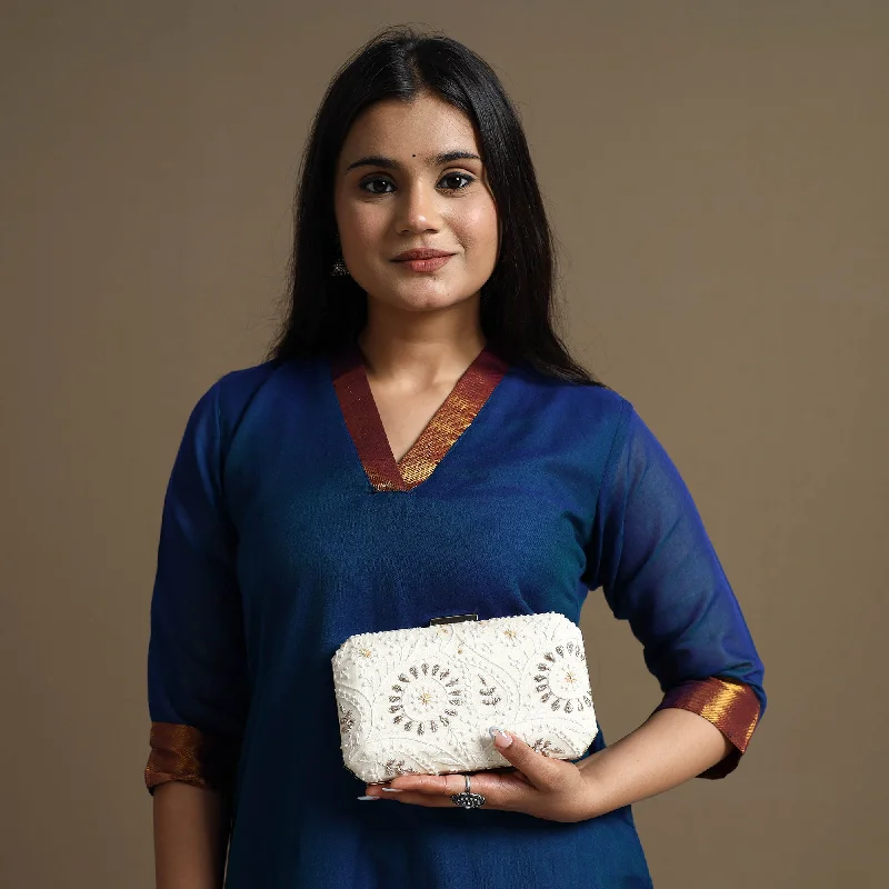 Inspired Bags For Luxury Fashion Lovers White - Chikankari Hand Embroidery Tussar Silk Clutch / Sling Bag 04