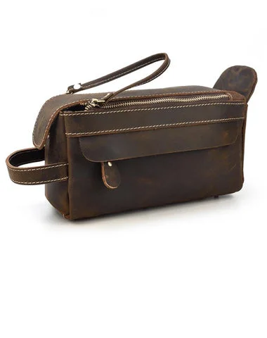 Eco-Friendly Bags With Promotions Brown Leather Men's Clutch Bag Double Zipped Dark Brown Wristlet Handbag Storage Bag For Men