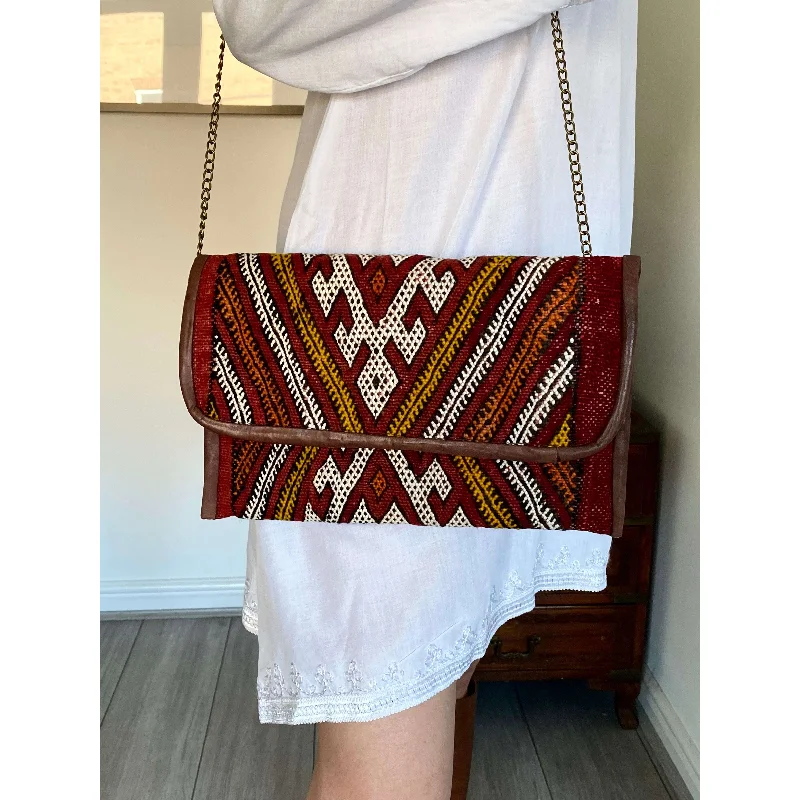 Everyday Bags For Work, School, Or Errands Red Moroccan  Kilim Hand Clutch & Shoulder Bag No.3