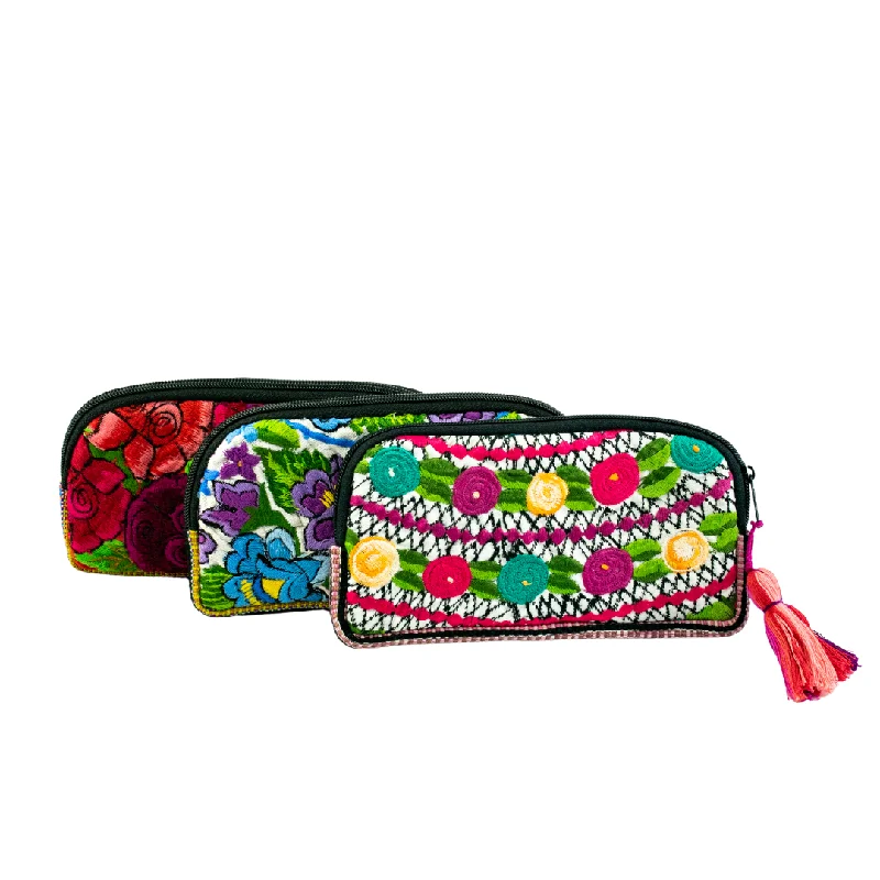 Vintage-Inspired Up-cycled Half Moon Huipil Cosmetic Padded Bag with Tassel - Guatemala