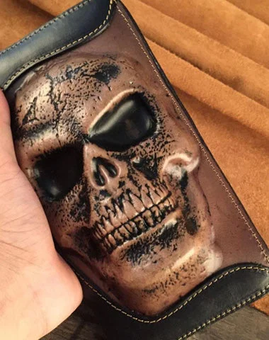 Discounted Designer Bags On Sale Handmade Genuine Leather Mens Clutch Cool Long Wallet Skull Zipper Clutch Wristlet Wallet for Men