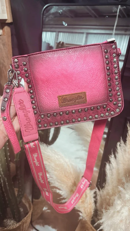 Designer Bags For Luxury Collectors With Offers Pink Wrangler Studded Clutch/Crossbody Bag