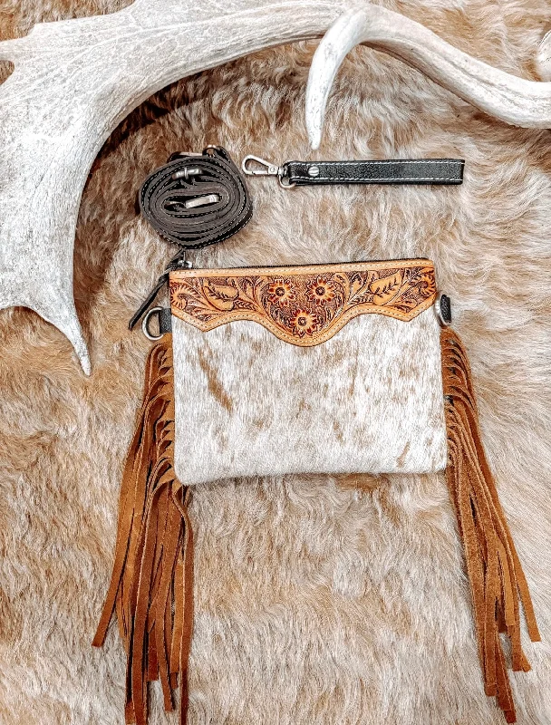 Designer Bags For Luxury Collectors Tan Tooled Leather + Cowhide Small Tan Clutch/ Crossbody Tassel Bag