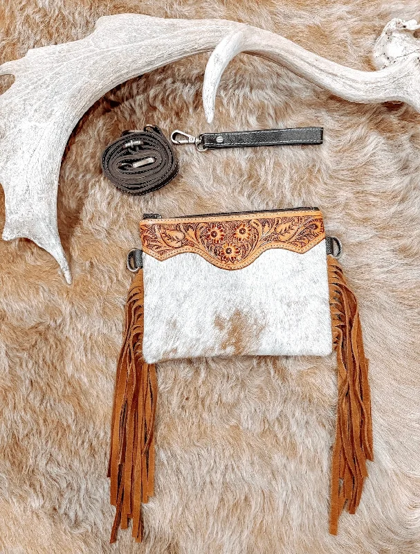 Chic Bags For Office Professionals And Urban Dwellers Tan Tooled Leather + Cowhide Small Tan Clutch/ Crossbody Tassel Bag