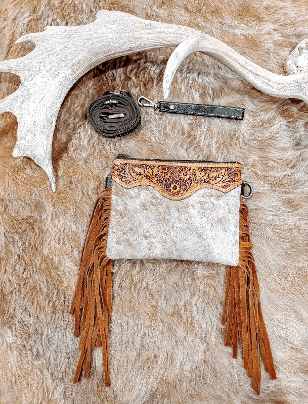 Retro Lovers Tooled Leather + Cowhide Small Tan Clutch/ Crossbody Tassel Bag