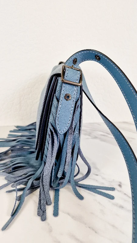 Luxurious But Budget-Friendly Bags Coach 1941 Saddle 23 with Fringe in Blue Pebbled Leather with Tea Rose Detail - Crossbody Flap Bag - Coach 29240