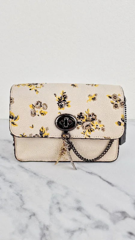 Seasonal Sale Bags Coach Bowery Crossbody With Rebel Charm, Mixed Star Rivets & Yellow Floral Print - Chalk Pebble Leather & Gunmetal Hardware - Coach 59491