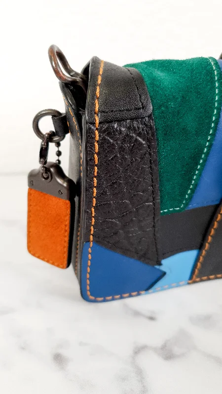 Urban Style Coach 1941 Dinky Crossbody Bag With Varsity Patchwork Leather & Suede in Black, Green, Blue & Tan - Coach 54540