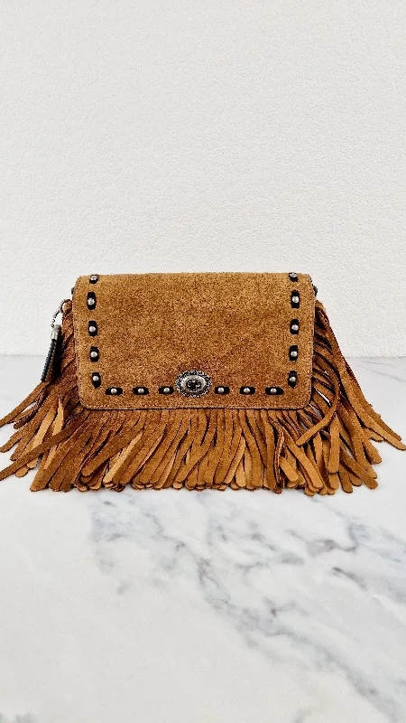 Affordable Handbags Coach 1941 Dinky in Light Saddle Tan Brown Cervo Suede with Fringe & Light Antique Nickel Concho Turnlock - Crossbody Bag Shoulder Bag - Coach 86821