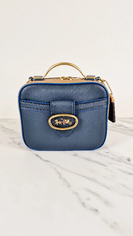 Flash Sale On Premium Bags Coach 1941 Riley Lunchbox Bag in Dark Denim Blue Smooth Leather Colorblock Tophandle Crossbody Bag - Coach 704