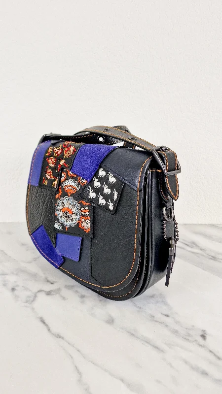 Retro Lovers Coach 1941 Saddle 23 Bag in Black Smooth Leather with Patchwork Detail - Purple Orange Crossbody Shoulder Bag Coach 56639