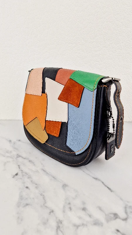 Luxury Seekers Coach 1941 Saddle 23 Bag in Black with Patchwork Orange Blue Green - Crossbody Shoulder Bag Coach 38482