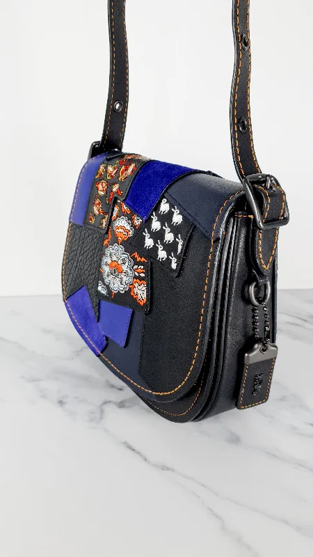 Bold Fashionistas Coach 1941 Saddle 23 Bag in Black with Patchwork Detail - Purple Orange Crossbody Shoulder Bag Coach 56639