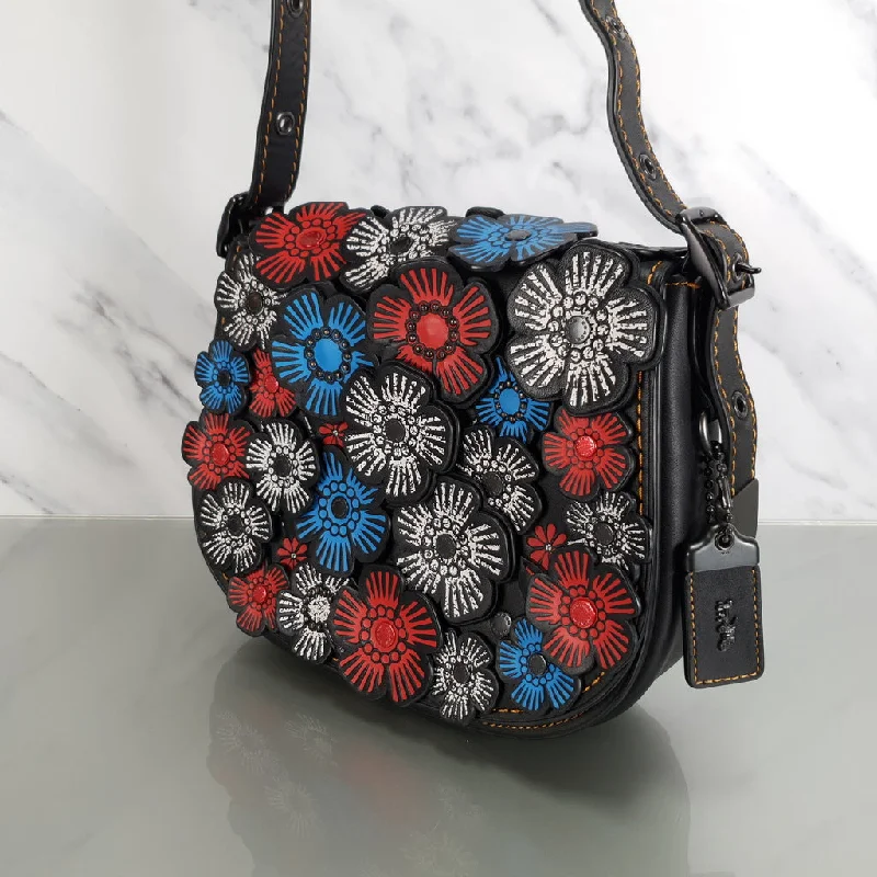 Active Lifestyles Coach 1941 Saddle 23 Bag in Black with Red, White & Blue Tea Roses Crossbody Shoulder Bag