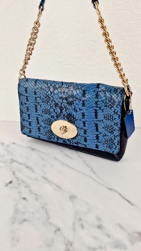 Lightweight Bags With Clearance Prices Coach Crosstown Crossbody Bag in Blue Snake Embossed Leather With Chain Detail & Turnlock