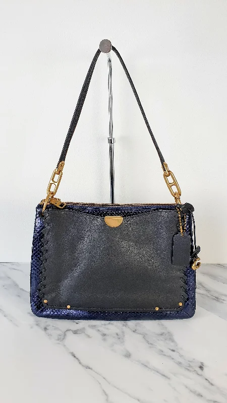 Luxury Bags For Professionals With Discounts Coach Dreamer Shoulder Bag Crossbody in Black and Blue with Whipstitch and Snakeskin - Mixed Leather & Suede - Sample Bag