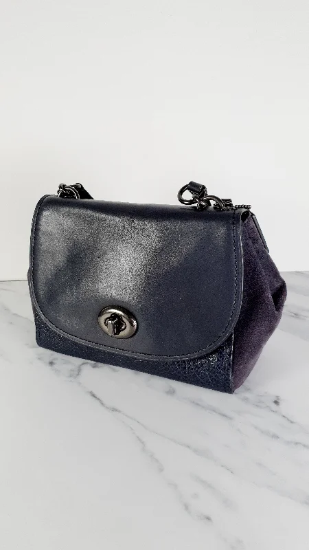 Cozy Handbags With Clearance Prices Coach Faye in Dark Blue Navy Mixed Leather & Suede Flap Bag Turnlock Tophandle Crossbody - Coach F22348