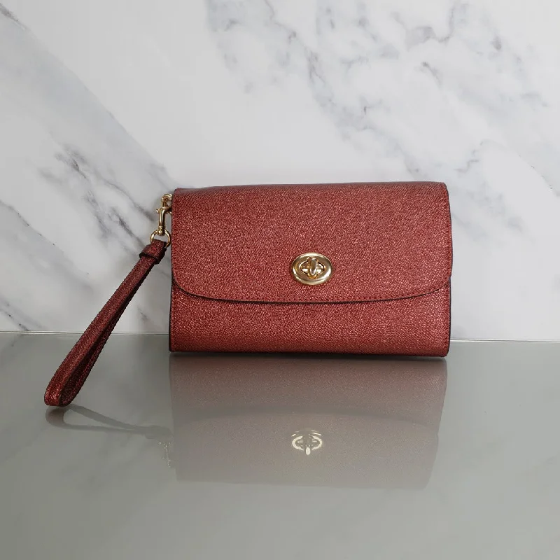 High-Quality Bags On Flash Sale Coach Chain Crossbody in Metallic Red Burgundy Crossgrain Leather with Turnlock - Clutch Wristlet Bag - Coach F22828