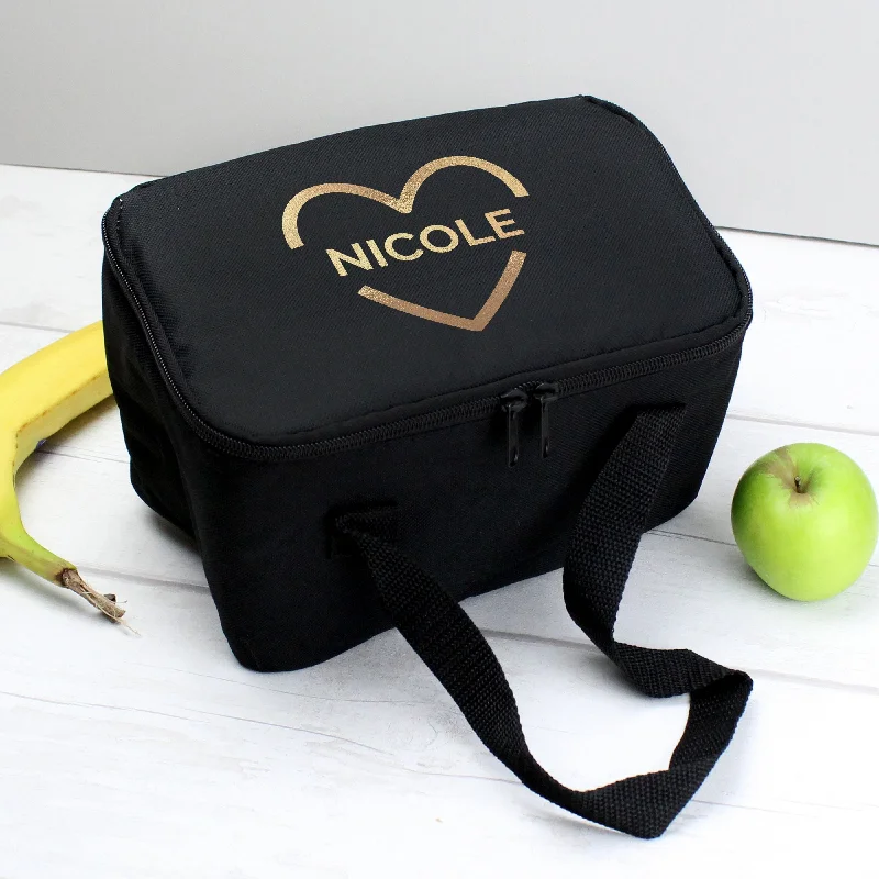 Designer Bags For Luxury Collectors With Offers Personalised Gold Heart Black Insulated Lunch Bag