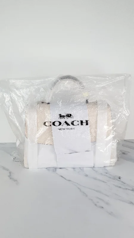 Minimalist Bags For Clean And Modern Aesthetics Coach Parker 32 Tophandle Carryall in Chalk Colorblock Beechwood with Snakeskin Details & C Chain - Handbag Exotic Crossbody Bag Coach 73969