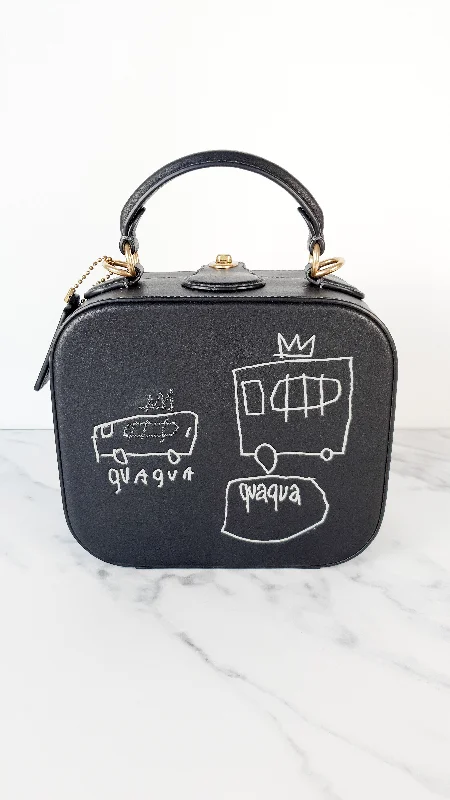 Inspired Bags For Luxury Fashion Lovers Coach x Jean-Michel Basquiat Square Bag with Banana artwork - Smooth Black Leather Crossbody Bag Handbag - Coach 6898