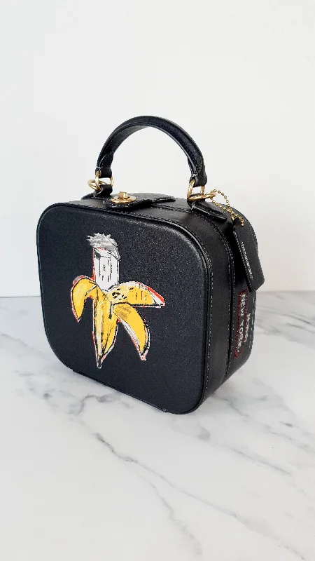 Bags For Sporty And Athletic Styles Coach x Jean-Michel Basquiat Square Bag with Banana artwork - Smooth Black Leather Crossbody Bag Handbag Coach 6898