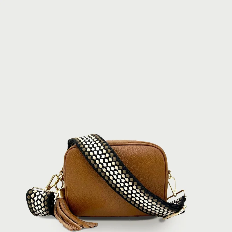 Bag For Modern Fashion Tan Leather Crossbody Bag With Cappuccino Dots Strap