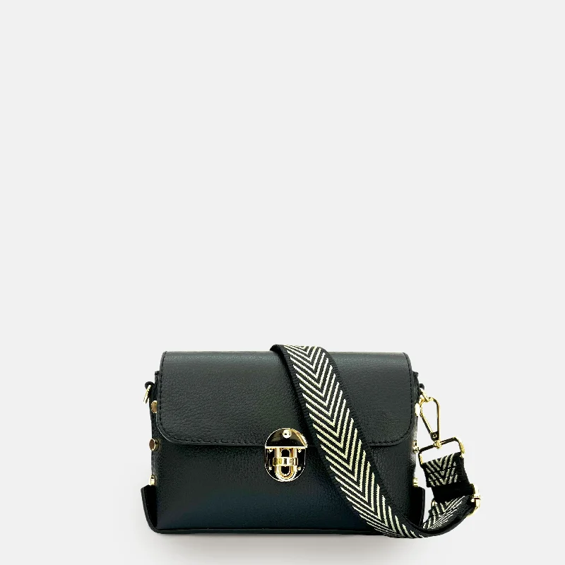 Stylish Bag For Women The Bloxsome Black Leather Crossbody Bag With Black & Gold Chevron Strap