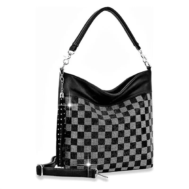 Glamorous Bags For Evening Events And Parties Women's Rhinestone Checkered Boho Handbag In Black/clear